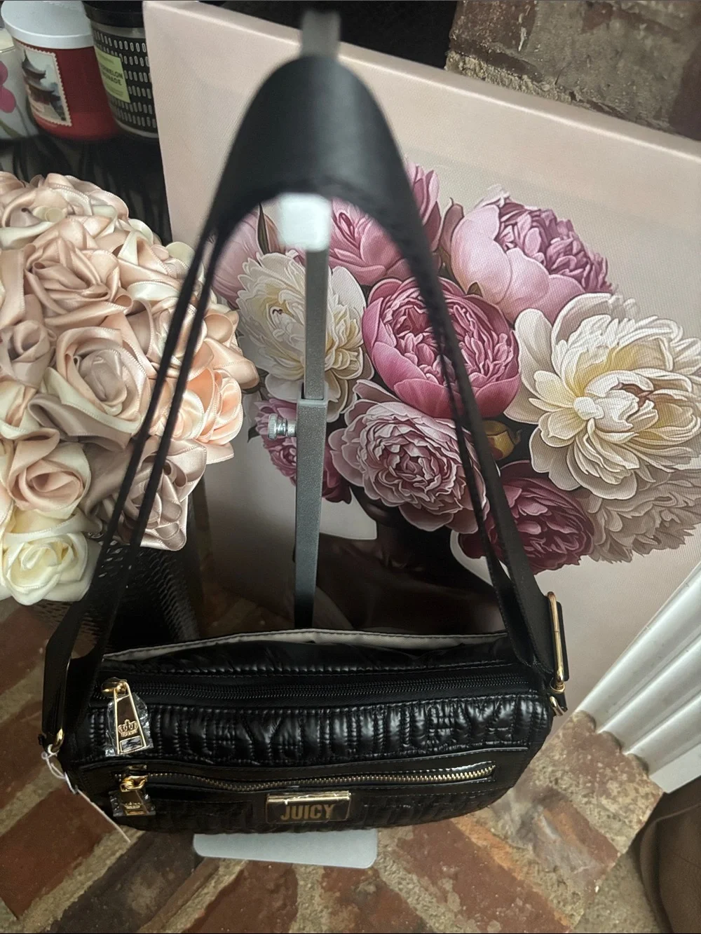 Juicy Couture Black Quilted Patent Crossbody with Gold Hardware